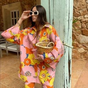 ZARA Hippie flower power full set pants tunic and bucket hat size L NWT